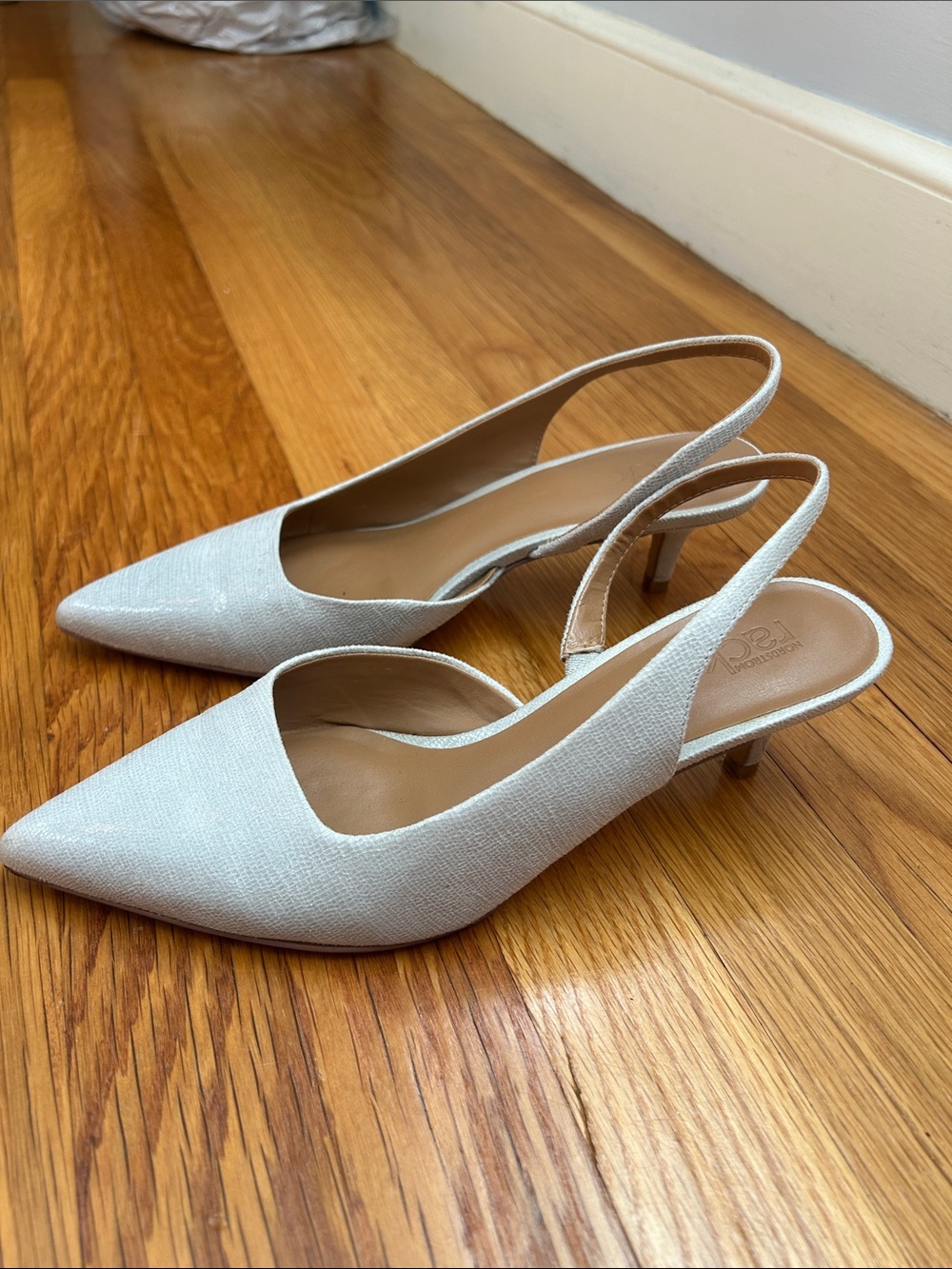 Pointed Slingback Kitten Heels in Light Cream Textile